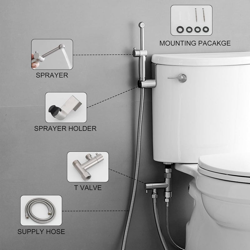 BWE Handheld Bidet Sprayer, Adjustable Water Pressure Toilet Attachment, All Brass Cloth Diaper Jet Sprayer, with Bidet Hose for Feminine or Baby Wash, Brushed Nickel - Image 4