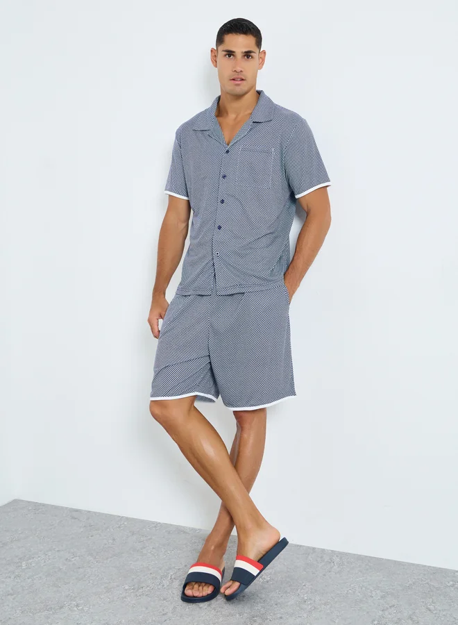 Styli Styli Men Navy Blue Checked Print Knit Shirt and Shorts Set