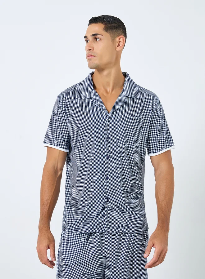 Styli Styli Men Navy Blue Checked Print Knit Shirt and Shorts Set
