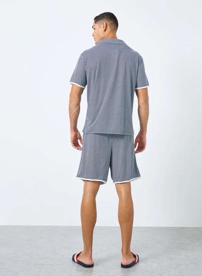 Styli Styli Men Navy Blue Checked Print Knit Shirt and Shorts Set