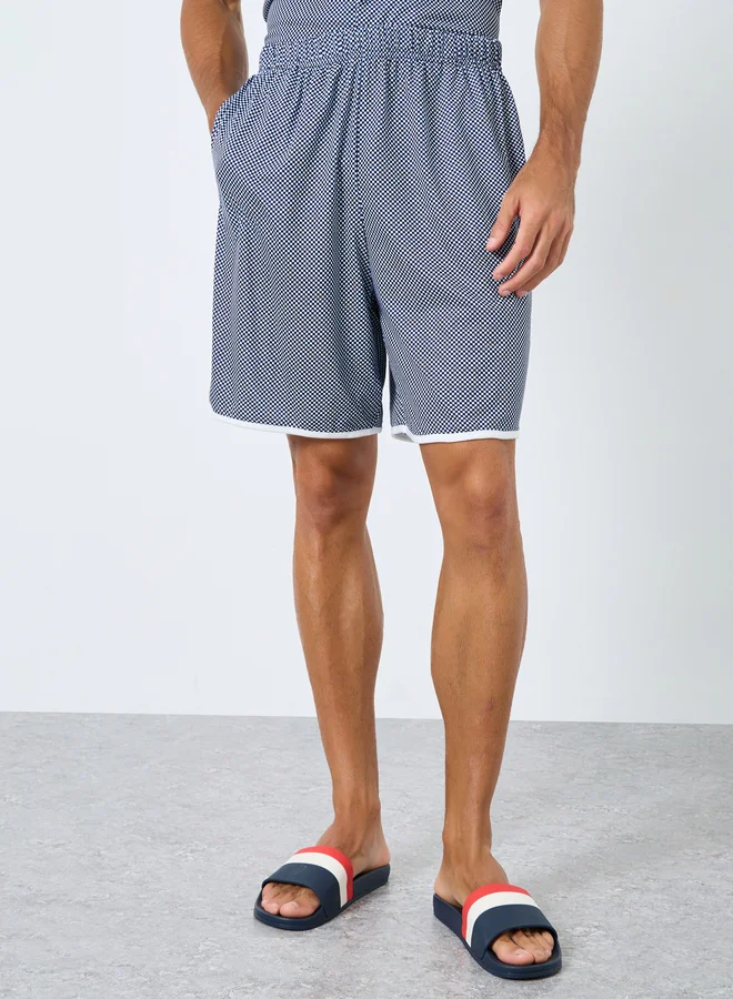 Styli Styli Men Navy Blue Checked Print Knit Shirt and Shorts Set