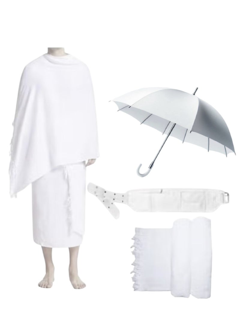 Soft Cotton Religion Ihram for Men for Hajj and Umrah - 3 Piece Set with, White Free Size Belt Umbrella - Image 2