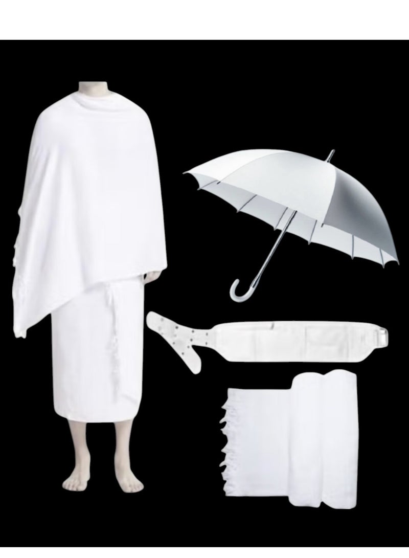 Soft Cotton Religion Ihram for Men for Hajj and Umrah - 3 Piece Set with, White Free Size Belt Umbrella - Image 3