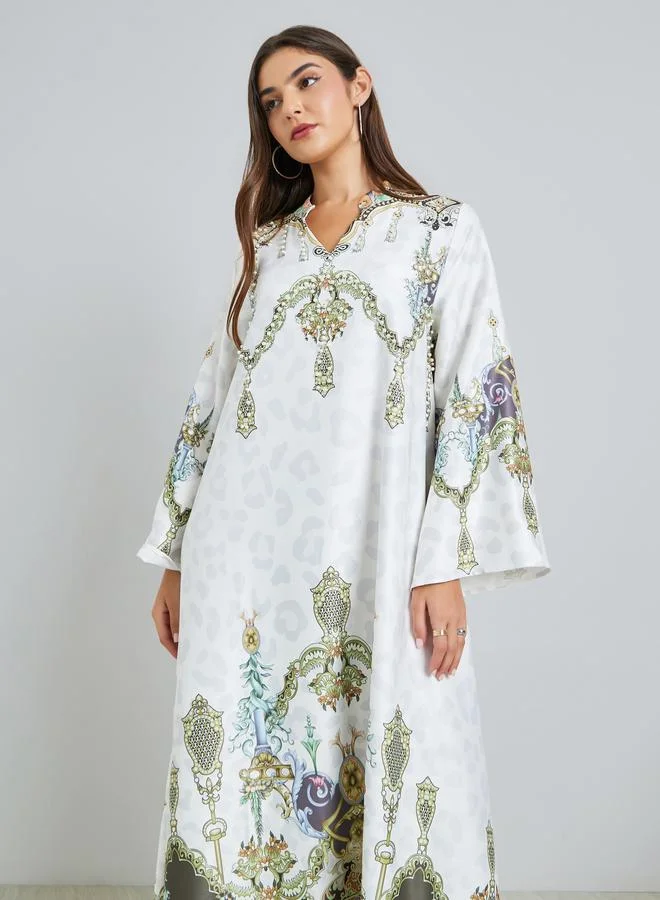 Styli Printed Rhinestone Embellished Bell Sleeves Jalabiya