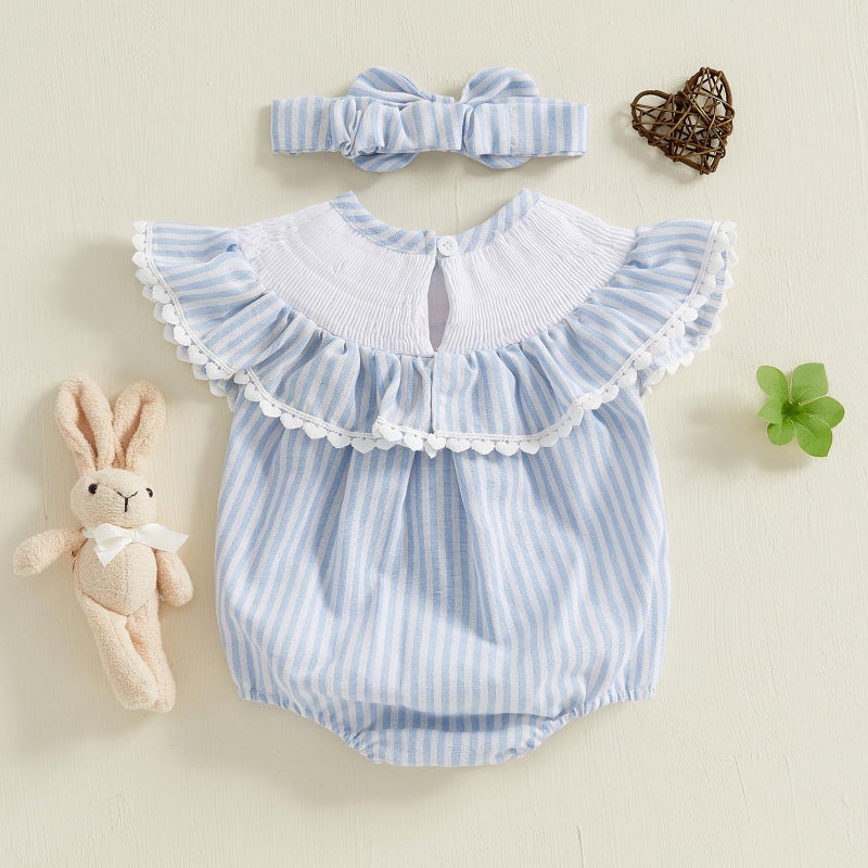 BemeyourBBs Newborn Baby Girl Easter Outfit Bunny Bubble Romper Embroidery Cute Smocked Baby Girl Clothes (Bunny Carrot Striped Blue, 0-3 Months) - Image 3
