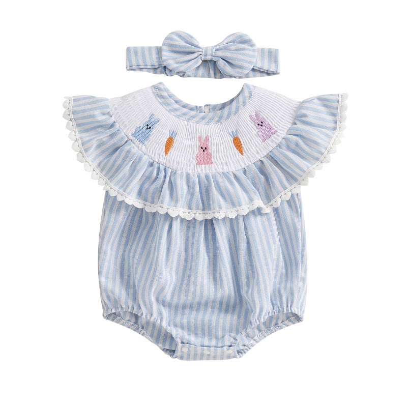 BemeyourBBs Newborn Baby Girl Easter Outfit Bunny Bubble Romper Embroidery Cute Smocked Baby Girl Clothes (Bunny Carrot Striped Blue, 0-3 Months) - Image 1