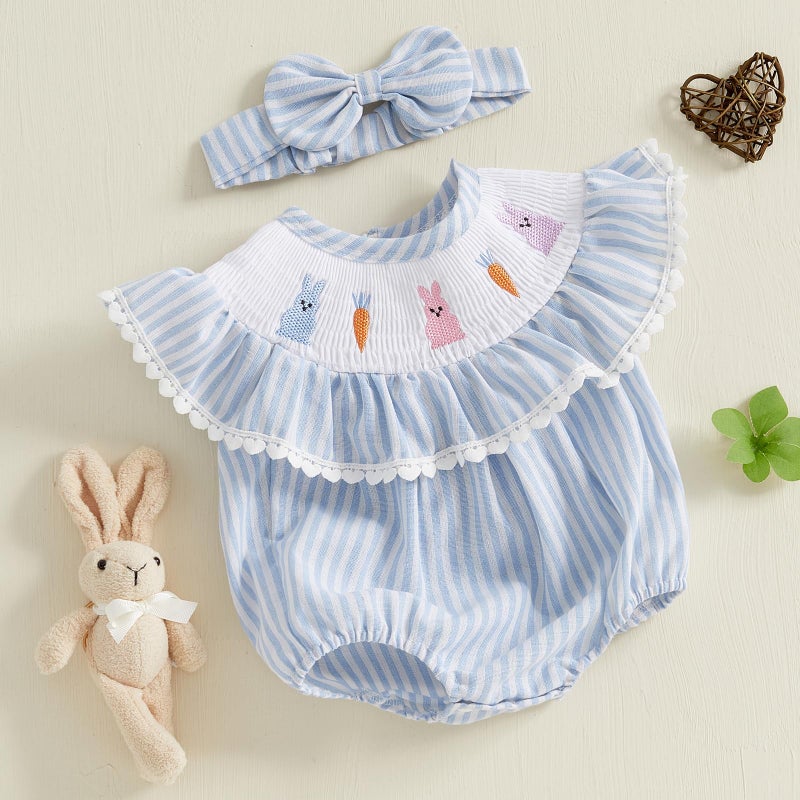 BemeyourBBs Newborn Baby Girl Easter Outfit Bunny Bubble Romper Embroidery Cute Smocked Baby Girl Clothes (Bunny Carrot Striped Blue, 0-3 Months) - Image 2