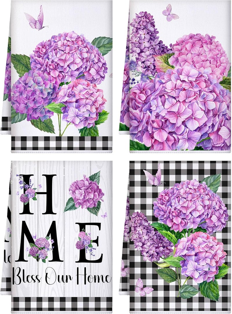 Bencailor 4 Pcs Purple Hydrangea Kitchen Towels Farmhouse Flower Floral Hand Dish Towels Butterfly Fast Drying Tea Cloths Housewarming Gift for Home Cooking Kitchen Bathroom - Image 1