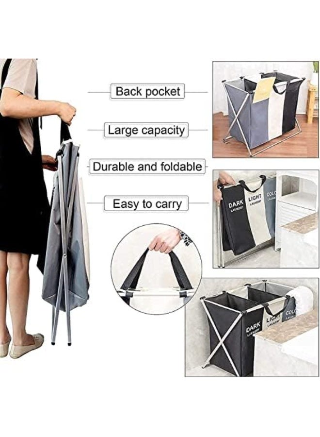 Laundry Basket Clothes Hamper 135L 3 Sections Clothe Sorter Bin,Foldable Waterproof Organizer Bag with Aluminum Frame,Washing Storage Dirty Clothes Basket for Bathroom Washroom Bedroom - Image 2