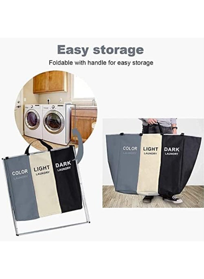 Laundry Basket Clothes Hamper 135L 3 Sections Clothe Sorter Bin,Foldable Waterproof Organizer Bag with Aluminum Frame,Washing Storage Dirty Clothes Basket for Bathroom Washroom Bedroom - Image 1