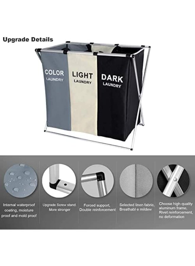Laundry Basket Clothes Hamper 135L 3 Sections Clothe Sorter Bin,Foldable Waterproof Organizer Bag with Aluminum Frame,Washing Storage Dirty Clothes Basket for Bathroom Washroom Bedroom - Image 3
