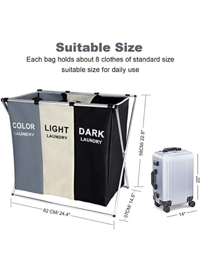 Laundry Basket Clothes Hamper 135L 3 Sections Clothe Sorter Bin,Foldable Waterproof Organizer Bag with Aluminum Frame,Washing Storage Dirty Clothes Basket for Bathroom Washroom Bedroom - Image 4