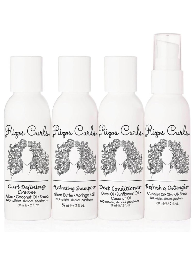 Rizos Curls 4-Step Travel Kit for Curly Hair: Curl Defining Cream, Shampoo, Conditioner, Refresh & Detangle (2 fl oz each)  - Image 1