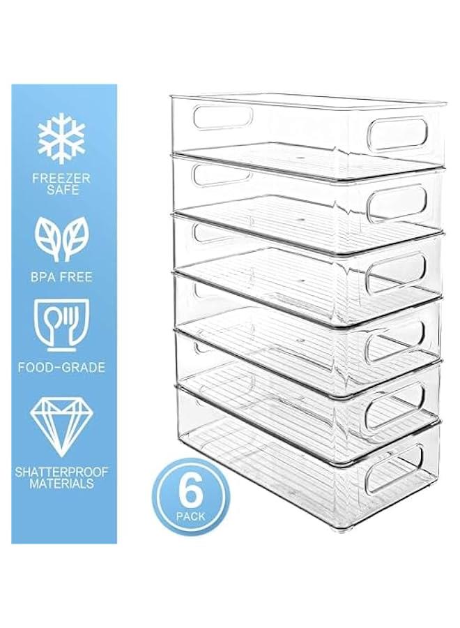 هوكور Set Of 6 Refrigerator Organizer Bins - Stackable Fridge Organizers with Cutout Handles for Freezer, Kitchen, Countertops, Cabinets - Clear Plastic Pantry Food Storage Rack - Image 4