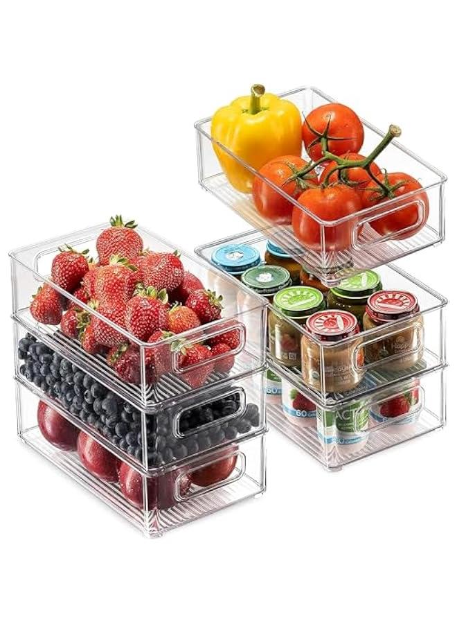 هوكور Set Of 6 Refrigerator Organizer Bins - Stackable Fridge Organizers with Cutout Handles for Freezer, Kitchen, Countertops, Cabinets - Clear Plastic Pantry Food Storage Rack - Image 1
