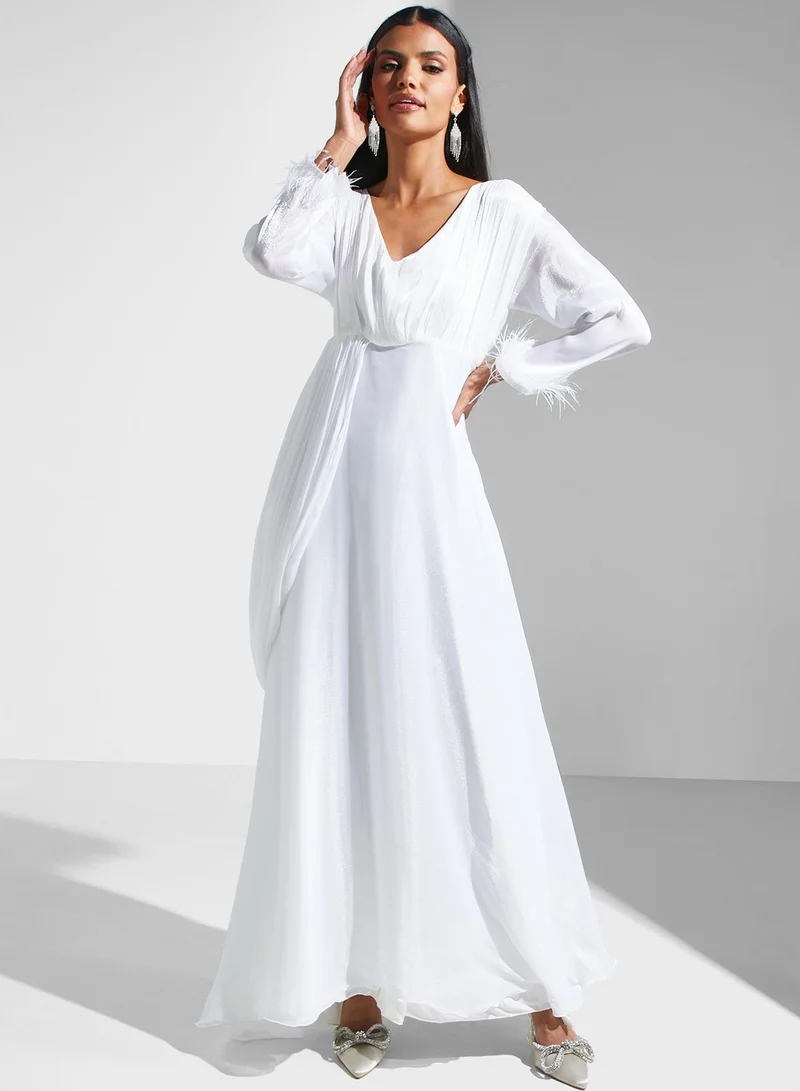 hayas closet Feather Trim Maxi Dress
