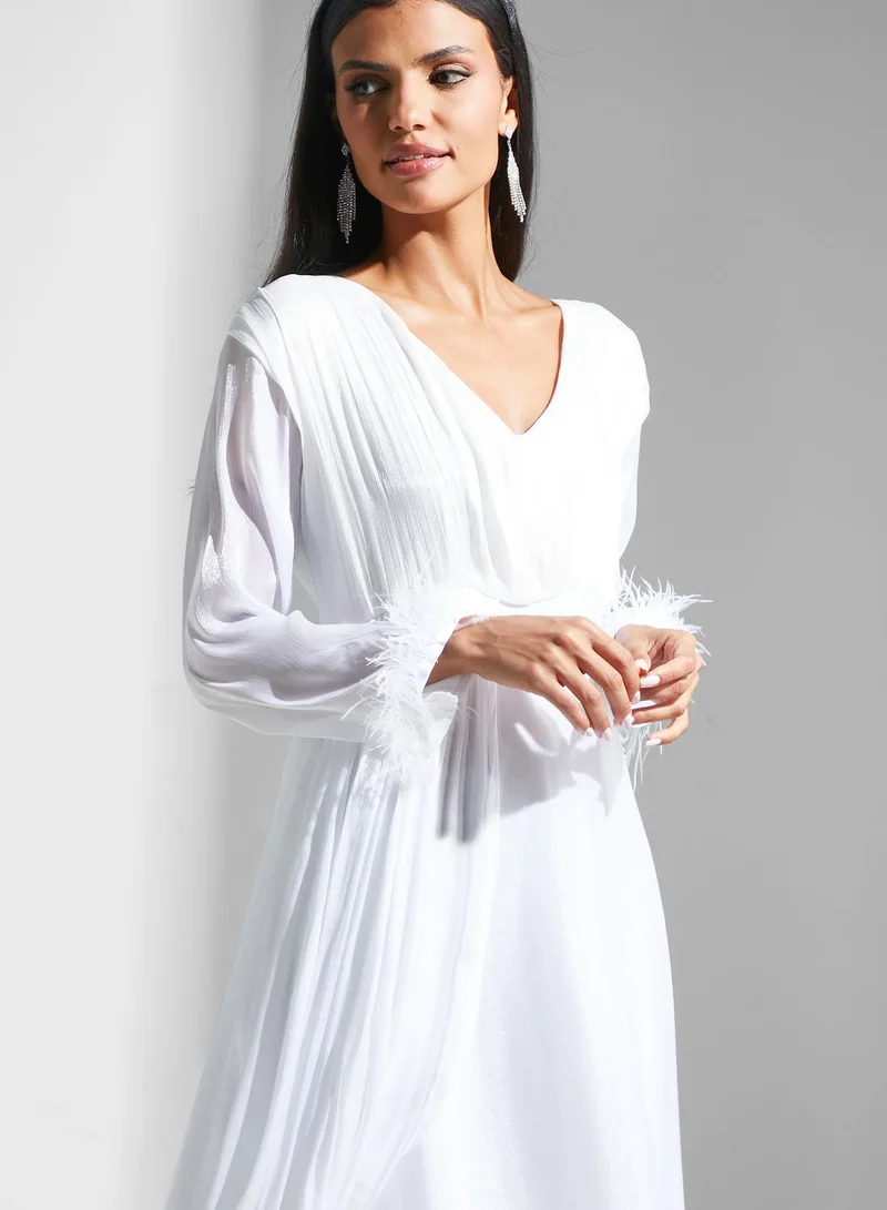 hayas closet Feather Trim Maxi Dress