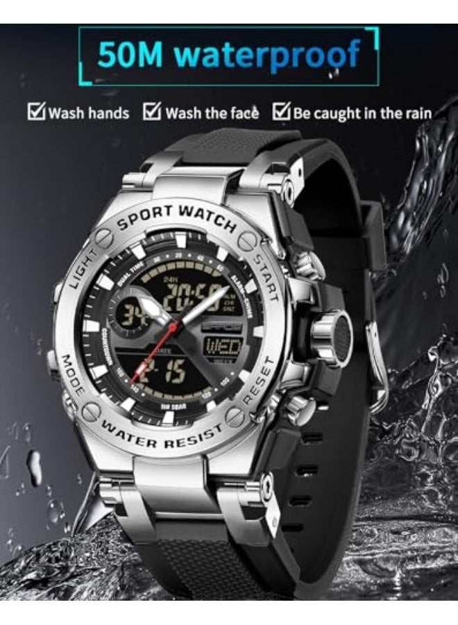 Mens Watch Alloy Bezel Sport Waterproof Watches Military Digital Analogue Watch Tactical Outdoor Big Face Heavy Duty Wrist Watches Dual Time LED Luminous Alarm Stopwatch - Image 4