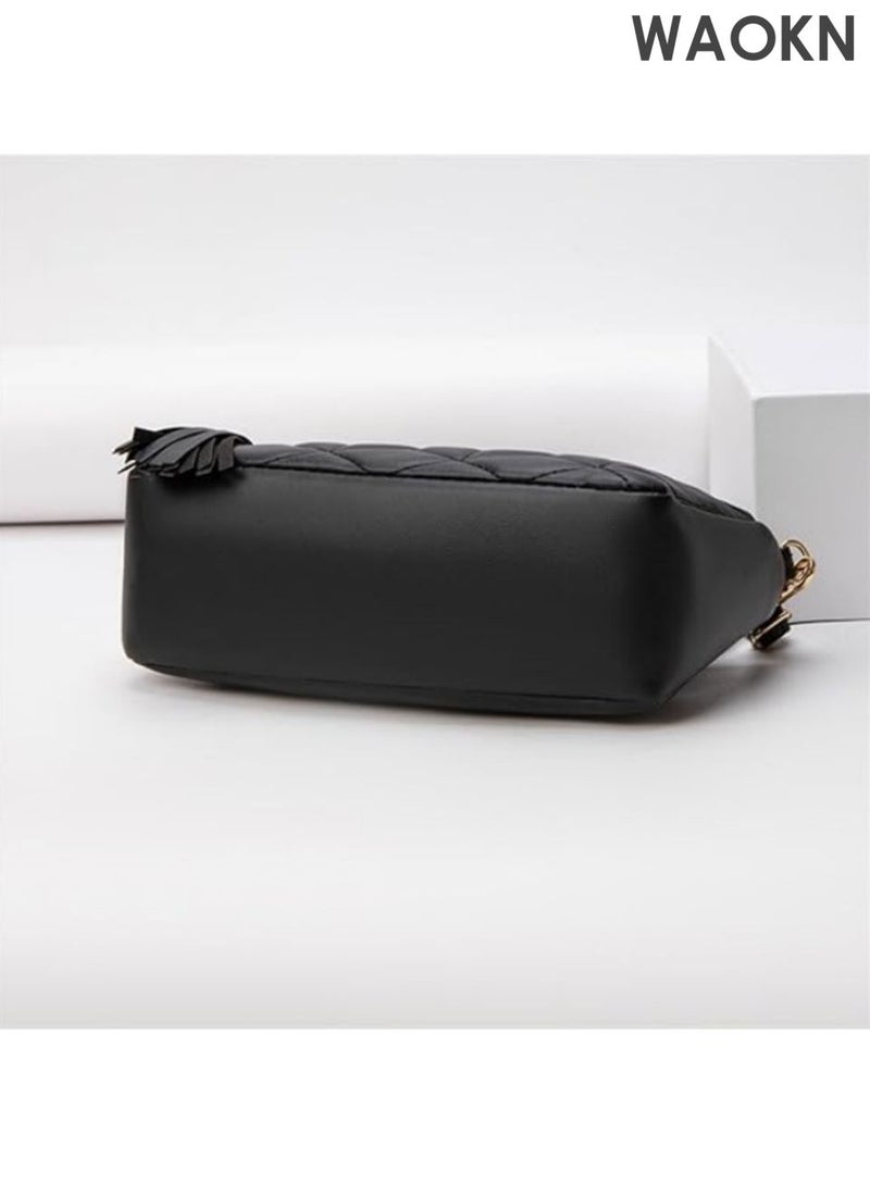 WAOKN Ladies' leather textured luxury small bag single shoulder crossbody bag, can store mobile phone wallets, ladies' shoulder bag with credit card slot, high-end small bag, large capacity fashionable single shoulder women's bag (black). - Image 3