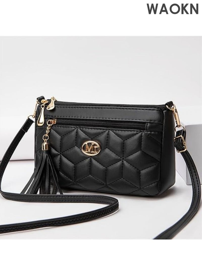 WAOKN Ladies' leather textured luxury small bag single shoulder crossbody bag, can store mobile phone wallets, ladies' shoulder bag with credit card slot, high-end small bag, large capacity fashionable single shoulder women's bag (black). - Image 5