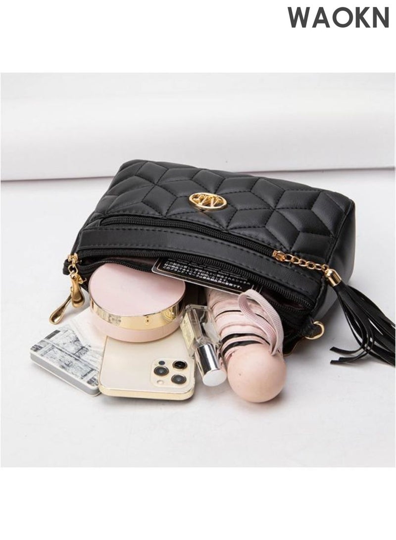WAOKN Ladies' leather textured luxury small bag single shoulder crossbody bag, can store mobile phone wallets, ladies' shoulder bag with credit card slot, high-end small bag, large capacity fashionable single shoulder women's bag (black). - Image 2