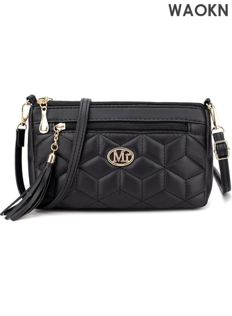 WAOKN Ladies' leather textured luxury small bag single shoulder crossbody bag, can store mobile phone wallets, ladies' shoulder bag with credit card slot, high-end small bag, large capacity fashionable single shoulder women's bag (black). - Image 1