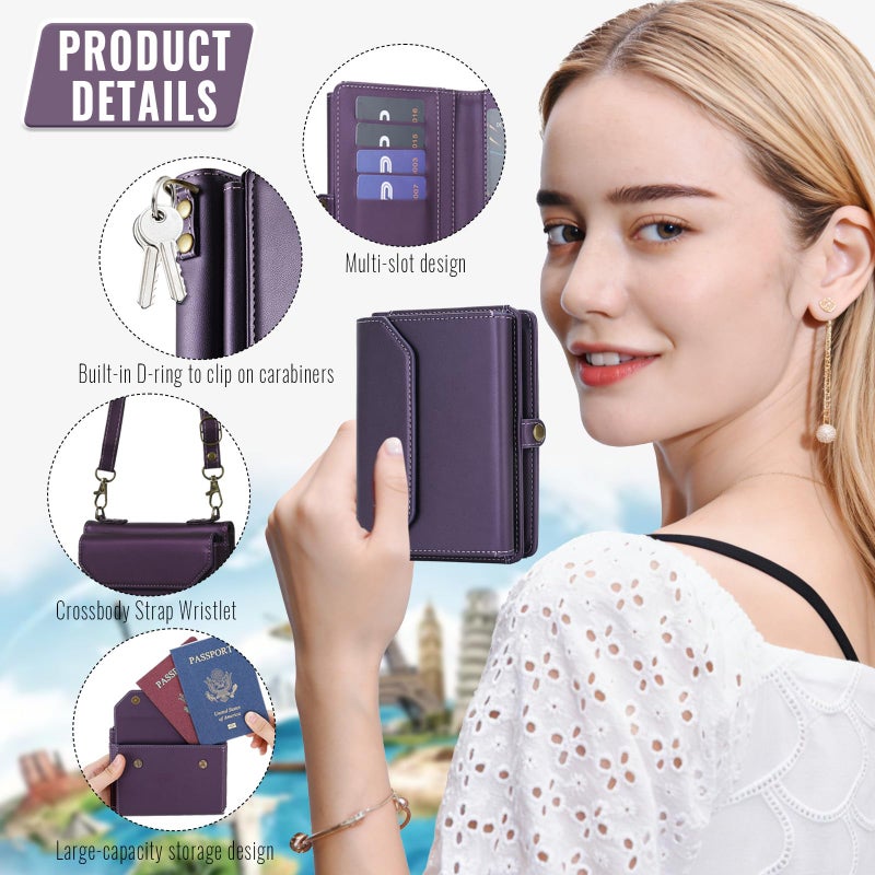 ASAPDOS RFID Blocking Family Passport Holder Wallet,Hold 3-4 Passports for Travel with Credit Card Slots & Wrist Crossbody Strap Purple - Image 3