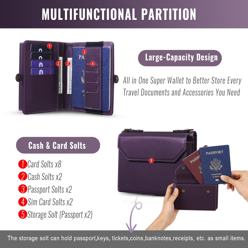 ASAPDOS RFID Blocking Family Passport Holder Wallet,Hold 3-4 Passports for Travel with Credit Card Slots & Wrist Crossbody Strap Purple - Image 2
