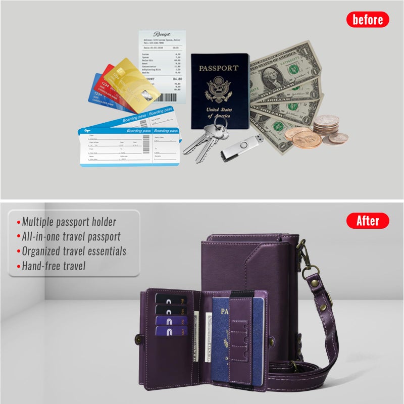 ASAPDOS RFID Blocking Family Passport Holder Wallet,Hold 3-4 Passports for Travel with Credit Card Slots & Wrist Crossbody Strap Purple - Image 5