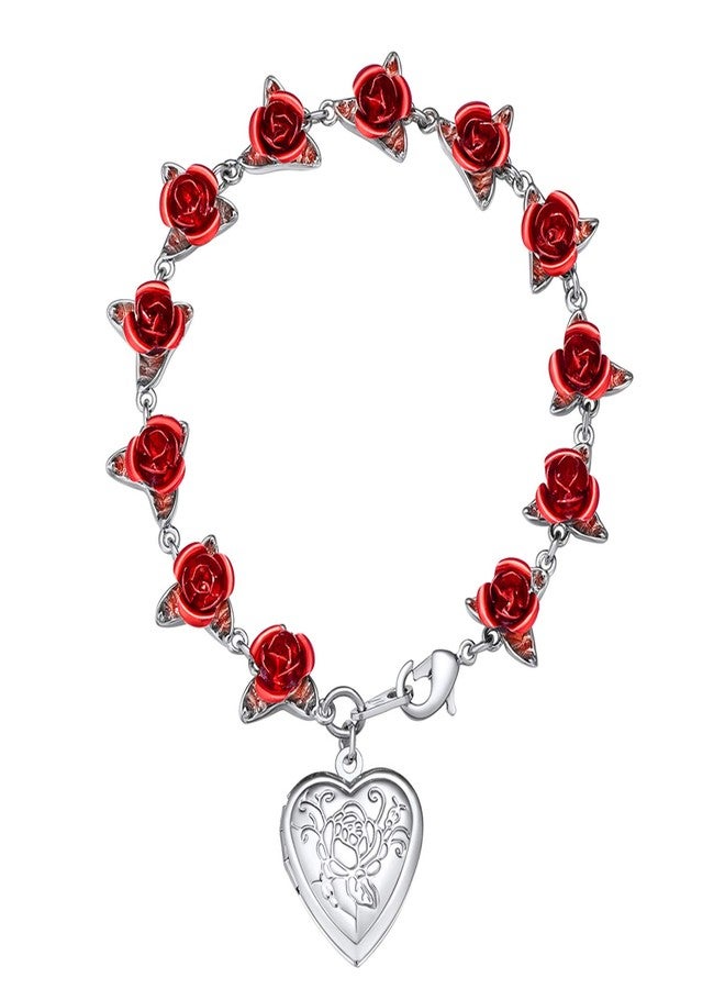 U7 Valentines Rose Flower Bracelet Platinum Plated Link Chain Cute 12 Roses Floral Chain Bracelets with Heart Locket that Can Holds Memory Picture (Adjustable) - Image 1