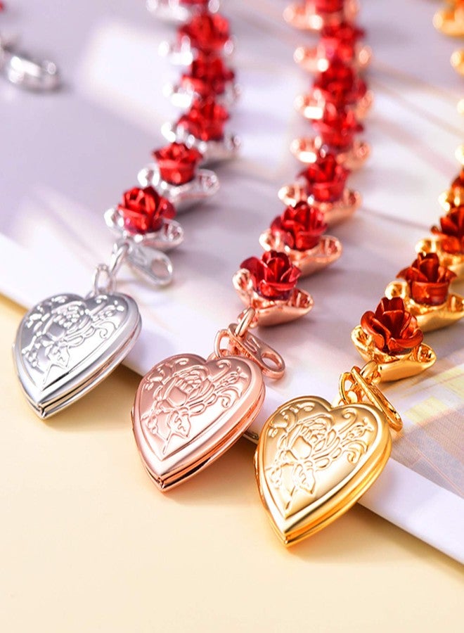 U7 Valentines Rose Flower Bracelet Platinum Plated Link Chain Cute 12 Roses Floral Chain Bracelets with Heart Locket that Can Holds Memory Picture (Adjustable) - Image 3