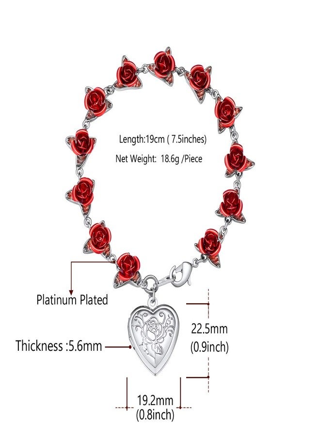 U7 Valentines Rose Flower Bracelet Platinum Plated Link Chain Cute 12 Roses Floral Chain Bracelets with Heart Locket that Can Holds Memory Picture (Adjustable) - Image 5