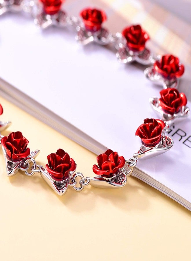 U7 Valentines Rose Flower Bracelet Platinum Plated Link Chain Cute 12 Roses Floral Chain Bracelets with Heart Locket that Can Holds Memory Picture (Adjustable) - Image 4