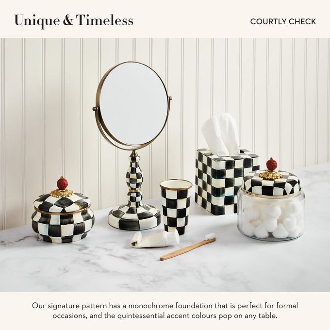 mackenzie childs Mackenzie-Childs Enamel Squashed Pot, Cute Enameled Container With Lid, 20 Ounces, Black-And-White Courtly Check - Image 3