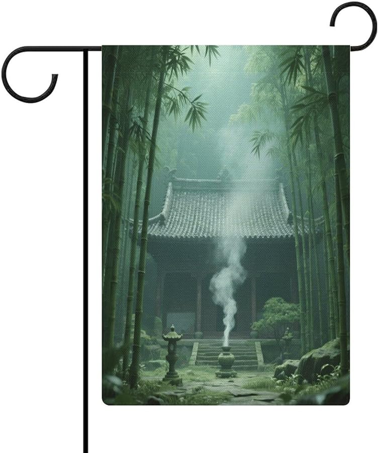 Double Sided Burlap Garden Flag 18.5x12.6 Inch Bamboo Forest Temple Outdoor Yard Decoration - Image 1