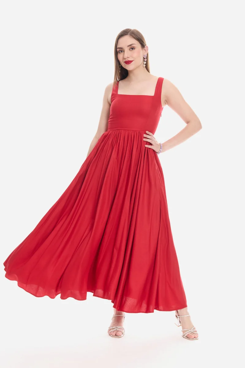 Virgio Solid Viscose Fit & Flare Maxi Dress for Women