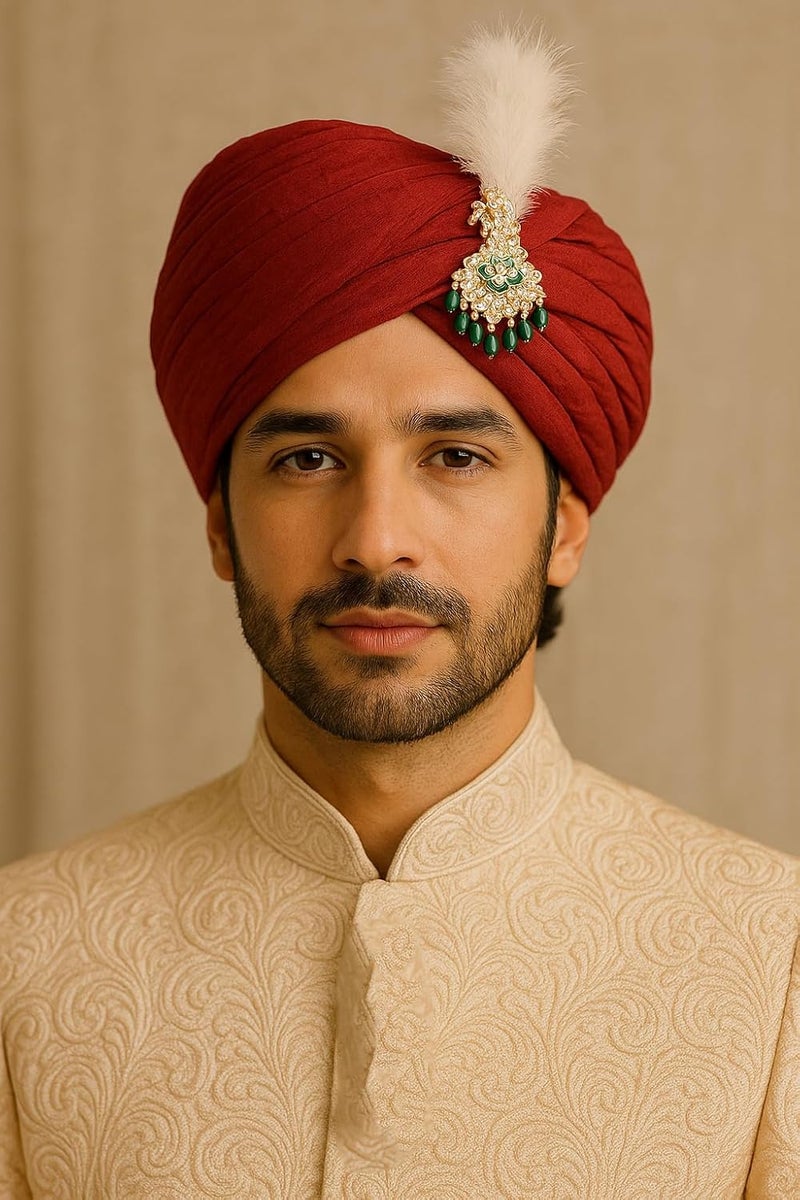 Mahi Green and White Crystals Kalangi with Feather Pagri Turban Brooch for Groom/Men (KL1001017GGre) - Image 2