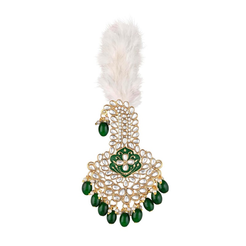 Mahi Green and White Crystals Kalangi with Feather Pagri Turban Brooch for Groom/Men (KL1001017GGre) - Image 1