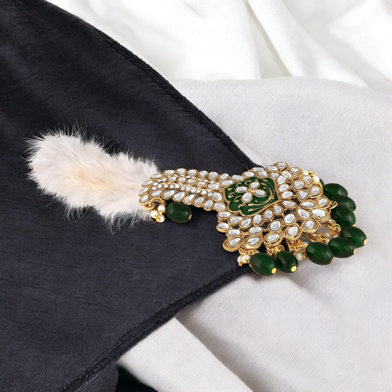 Mahi Green and White Crystals Kalangi with Feather Pagri Turban Brooch for Groom/Men (KL1001017GGre) - Image 3