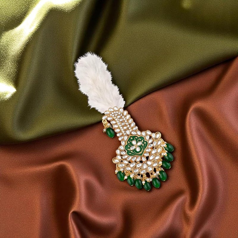 Mahi Green and White Crystals Kalangi with Feather Pagri Turban Brooch for Groom/Men (KL1001017GGre) - Image 5