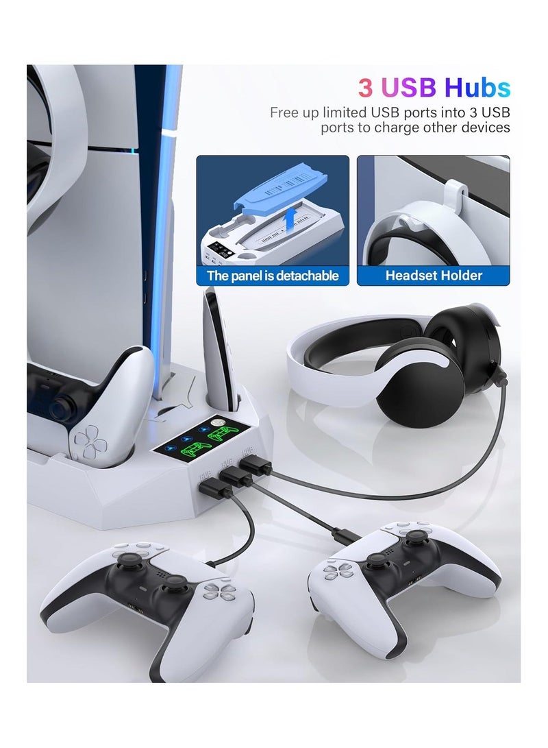 PS5/PS5 Slim/PS5 Pro Stand and Cooling Station with Dual Controller Charger (for PlayStation 5 console), PS5 Accessories (including controller charger), cooling fan, headset stand, 3 USB hubs - Image 5