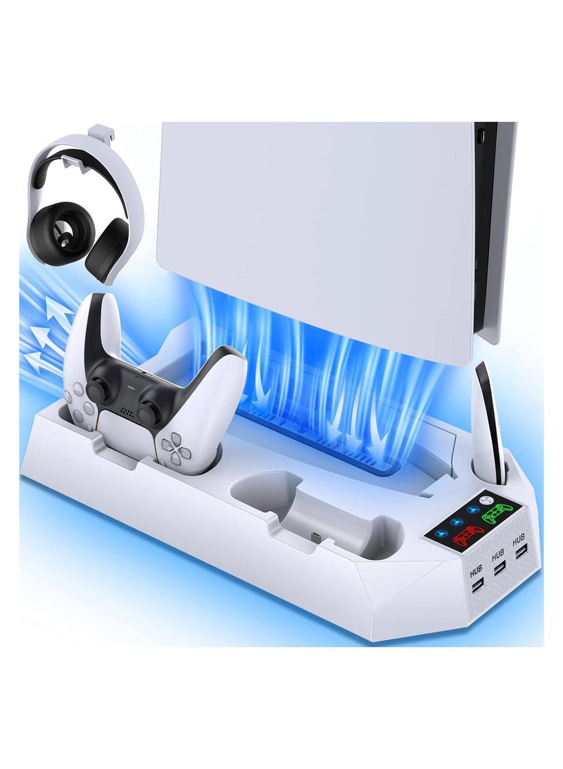 PS5/PS5 Slim/PS5 Pro Stand and Cooling Station with Dual Controller Charger (for PlayStation 5 console), PS5 Accessories (including controller charger), cooling fan, headset stand, 3 USB hubs - Image 1