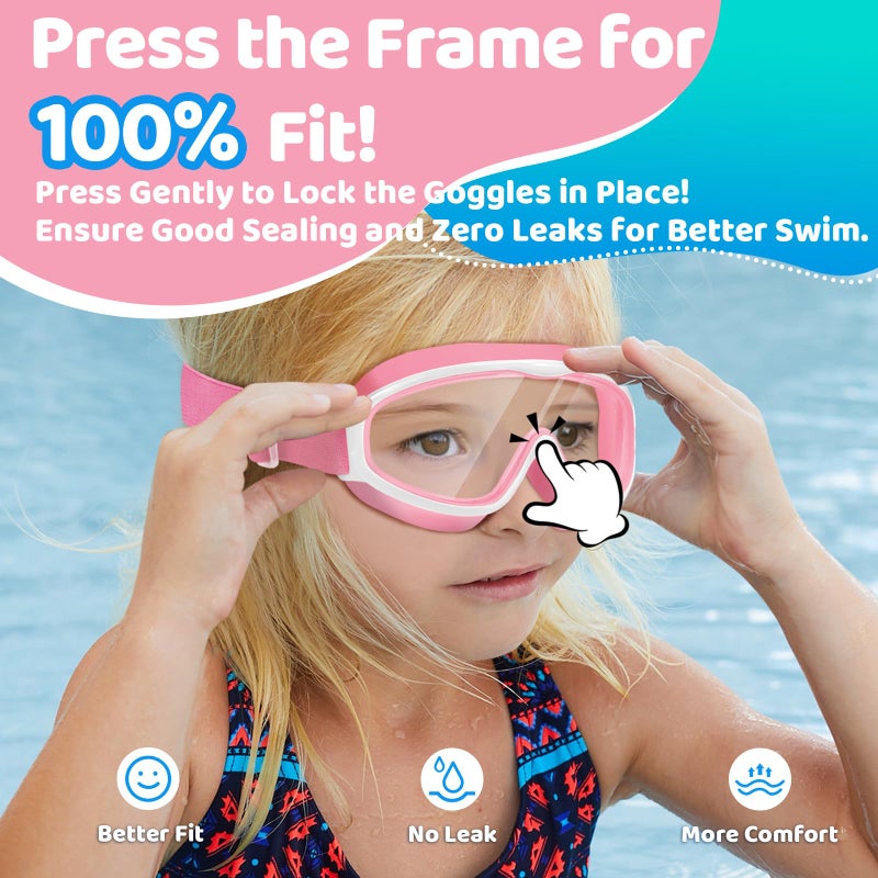 Vvinca Kids Goggles with Comfort Fabric Strap, Kids Swim Goggles Wide View Anti-Fog/UV No Leaking Swimming Goggles for 3-14 - Image 3