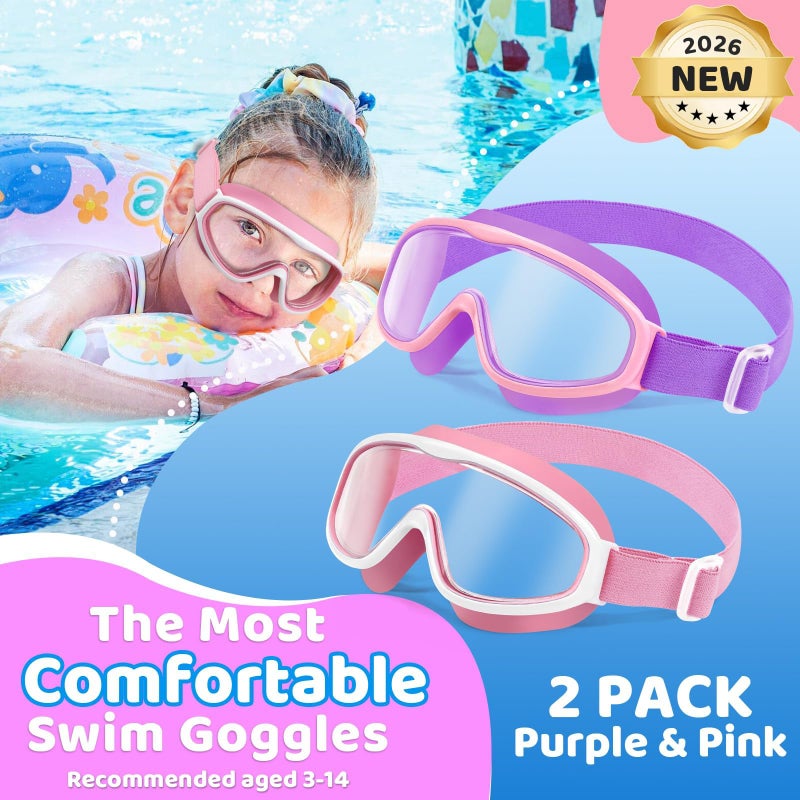 Vvinca Kids Goggles with Comfort Fabric Strap, Kids Swim Goggles Wide View Anti-Fog/UV No Leaking Swimming Goggles for 3-14 - Image 2