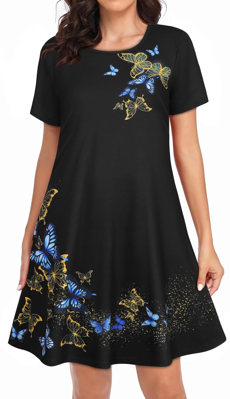 elescat Sundresses for Women Summer Casual Short Sleeve Swing Pockets Loose Fit Flowy T Shirt Dress (Black Butterflies, L) - Image 4