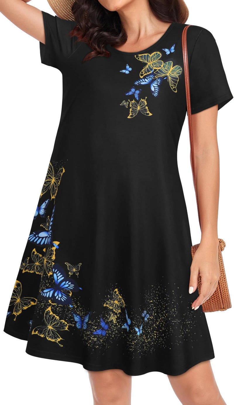 elescat Sundresses for Women Summer Casual Short Sleeve Swing Pockets Loose Fit Flowy T Shirt Dress (Black Butterflies, L) - Image 3