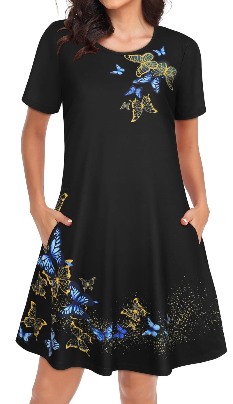 elescat Sundresses for Women Summer Casual Short Sleeve Swing Pockets Loose Fit Flowy T Shirt Dress (Black Butterflies, L) - Image 2