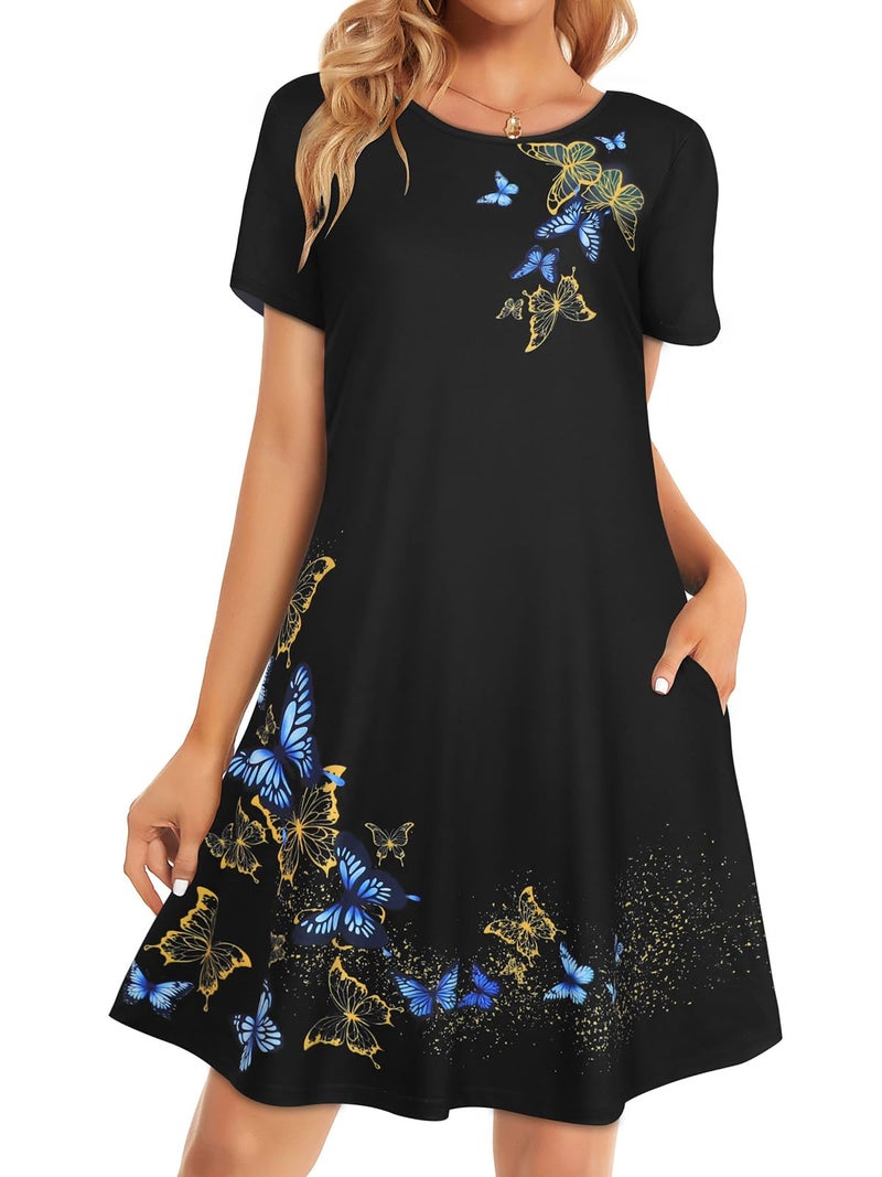 elescat Sundresses for Women Summer Casual Short Sleeve Swing Pockets Loose Fit Flowy T Shirt Dress (Black Butterflies, L) - Image 1
