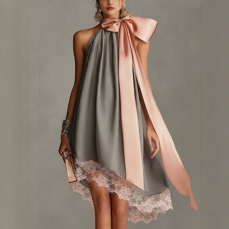 Trendy Halter Neck Satin Dress with Lace - Perfect for Summer Vacations - Image Color