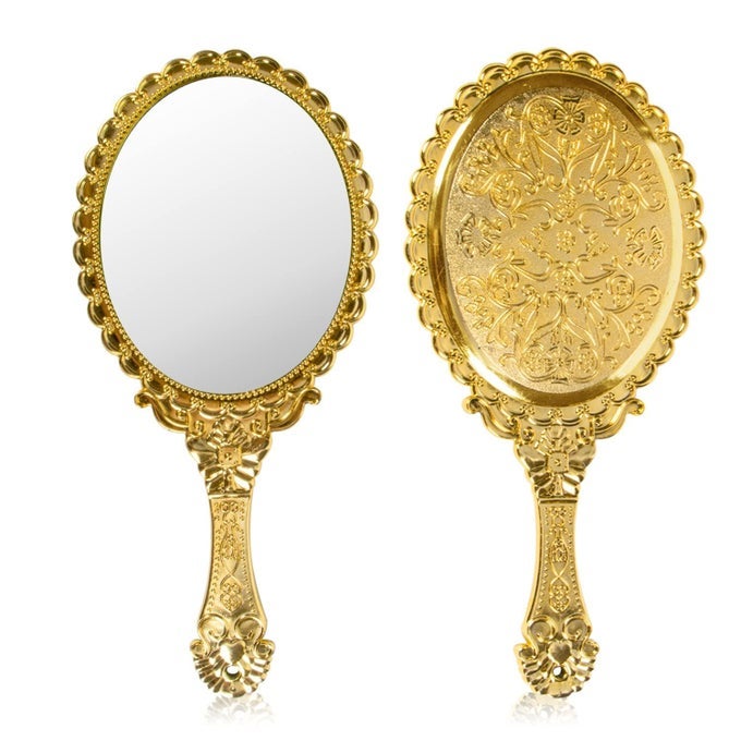 VINTAGE HANDHELD MIRROR FOR MAKEUP TRAVEL HANDLE MIRRORS FOR WOMEN GOLD EMBOSSED FLOWER PORTABLE PRINCESS MIRROR TABLETOP PARTY CLASSROOM